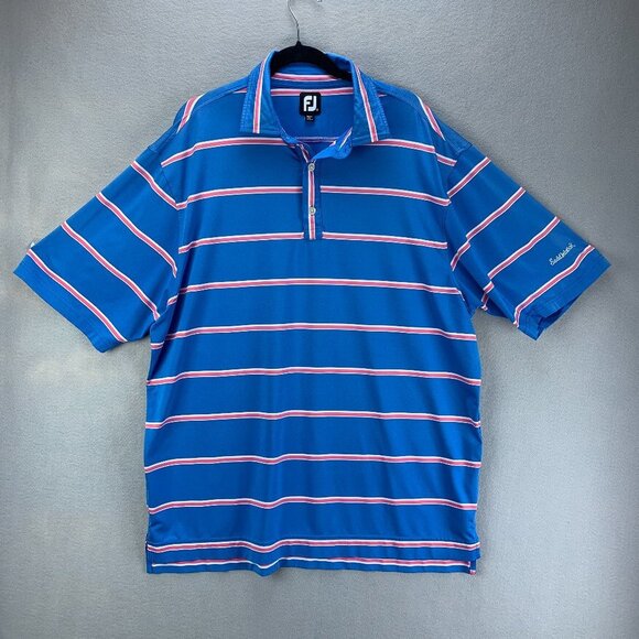 Footjoy Golf Polo Shirt Mens Extra Large Blue White Pink Striped‎ Saddlebrook - Picture 1 of 13